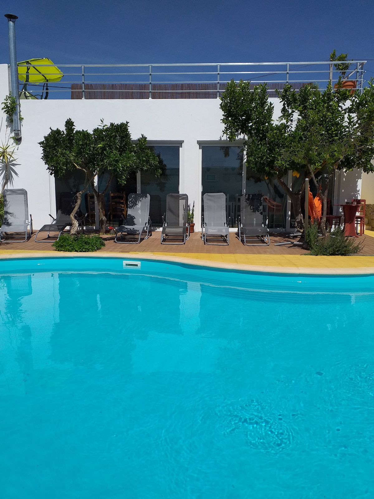A serene salt-water pool is framed by a wooden deck and lounge chairs, inviting relaxation. The backdrop features large glass doors leading into the living space, and two potted trees provide greenery. Clear blue skies enhance the tranquil atmosphere.