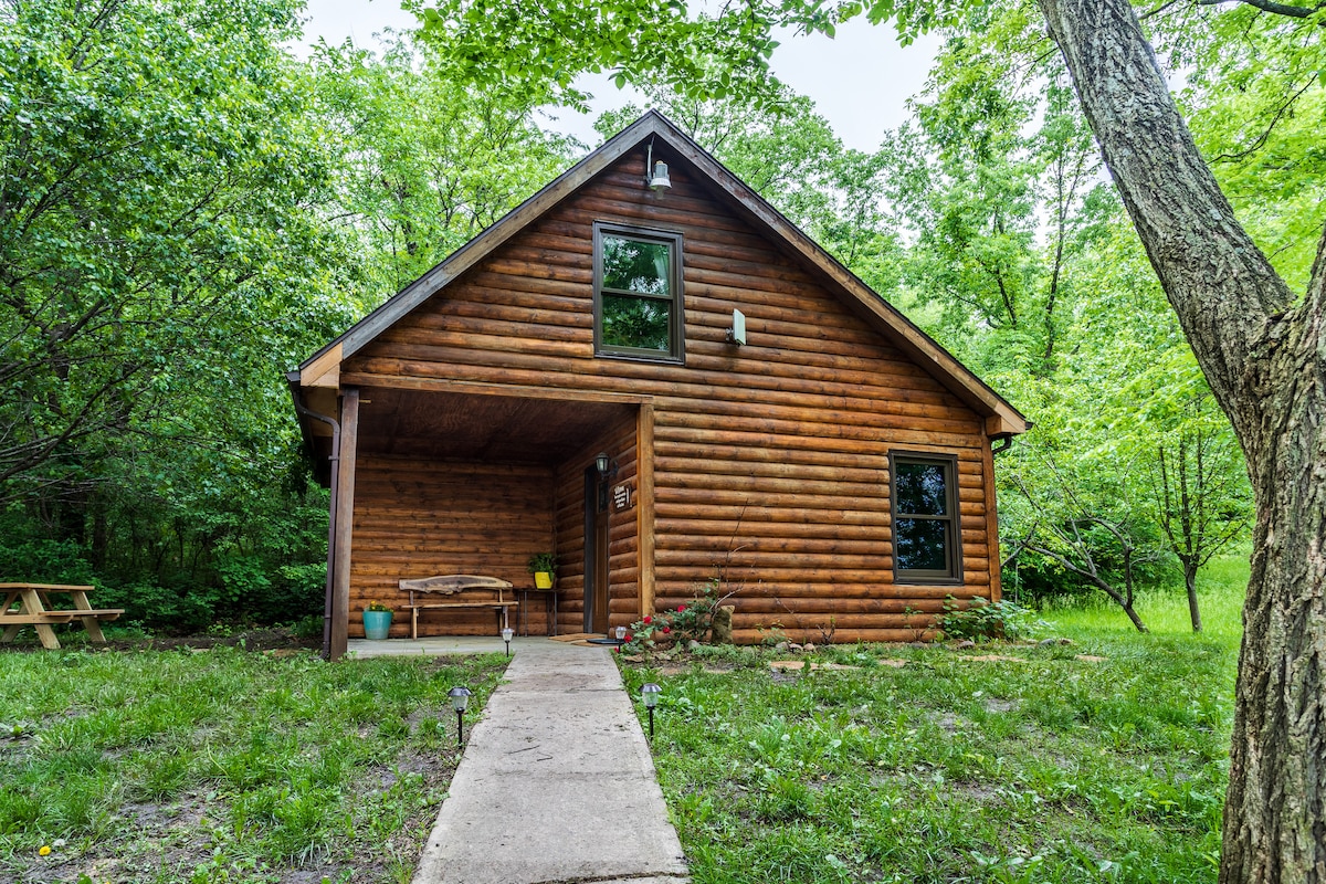 A log cabin is nestled among lush greenery, featuring a welcoming porch with a bench. Two large windows enhance the facade, allowing natural light to penetrate the interior. A stone pathway leads to the entrance, framed by grassy areas and a picnic table nearby.