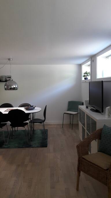 Living room with dining table (6 pax) and TV.