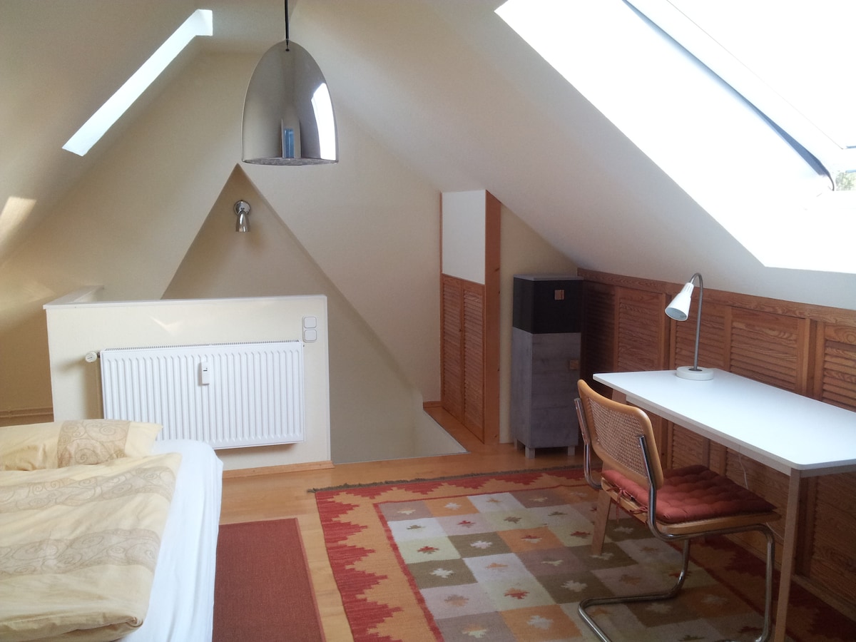 An airy studio is situated under a sloped roof, featuring a spacious bed and a small work desk with a lamp. Natural light streams through skylights, highlighting the wooden accents and colorful area rug on the floor. A small refrigerator is positioned in the corner.