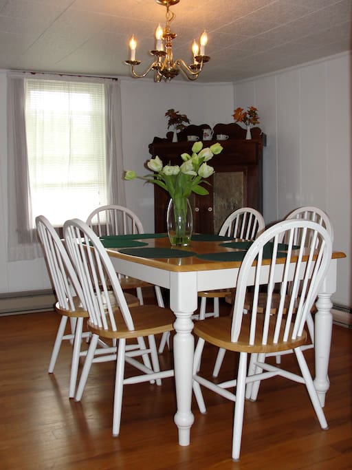 Dining room table seats 6. A large kitchen farm table can be used to seat others or for serving buffet style.