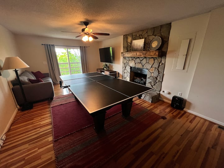 Sala de recreo con mesa de billar, ping pong, sistema de juegos, sofá cama tamaño queen, bar y chimenea de gas