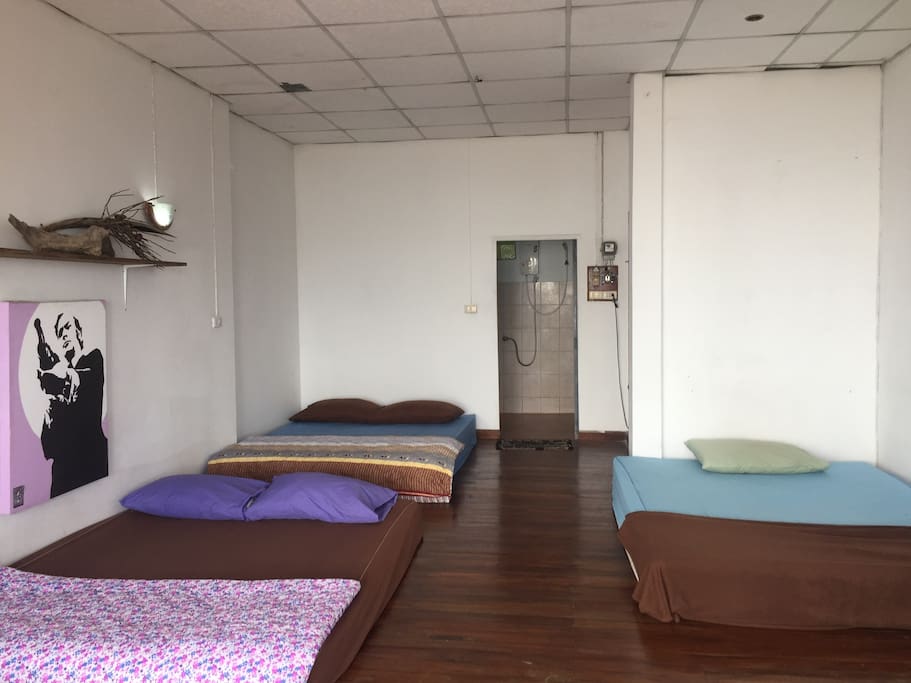Room can be set up with up to three queen size mattresses
