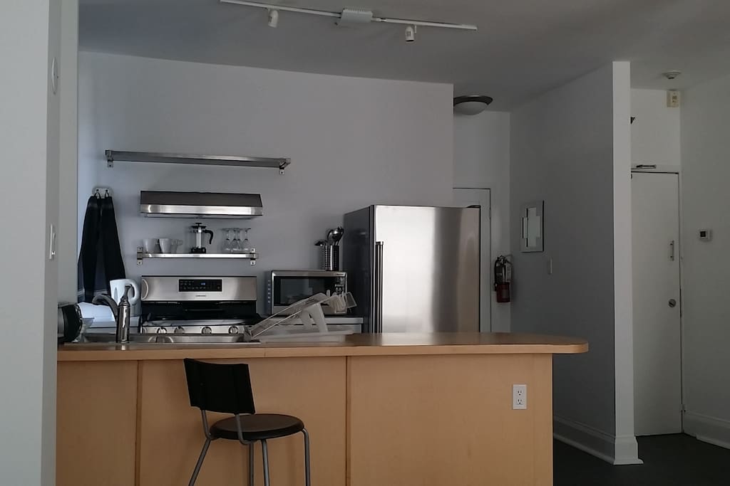 Stainless steel fridge and gas stove, large double sink and breakfast counter