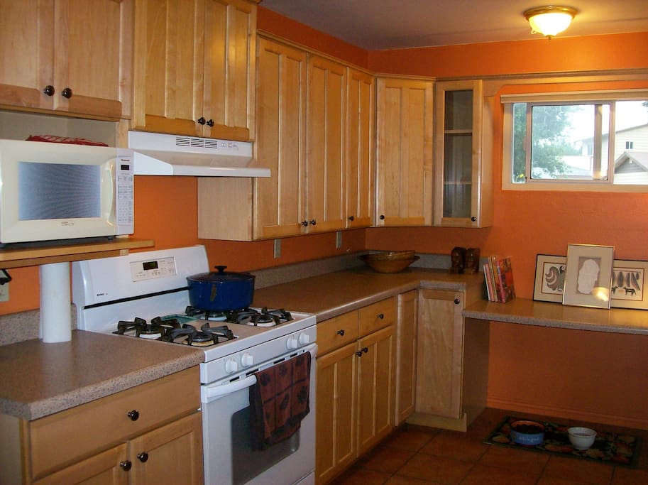 Kitchen has a gas stove