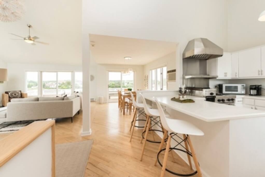 Open floor plan is newly renovated .