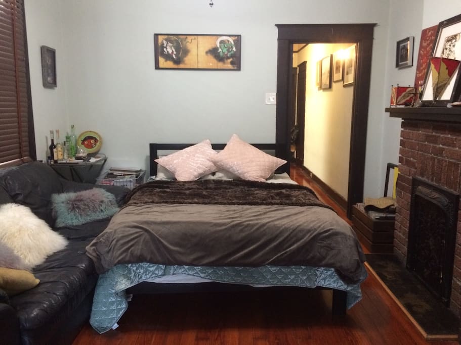 Guest Bedroom: Your comfortable Queen sized foam mattress awaits you complete w side and back sleeper pillows The couch is gone..