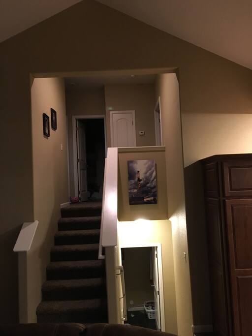 Upstairs master bedroom with bathroom and one other room with community bathroom downstairs bedroom with private bathroom