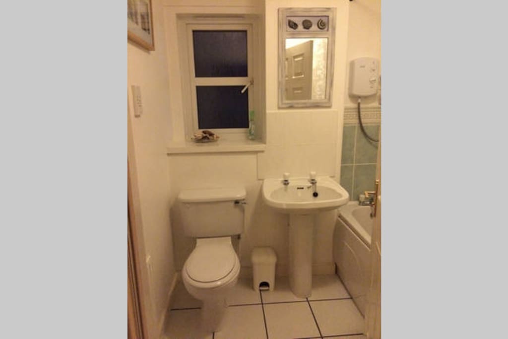 Shared bathroom with bath and electric shower.