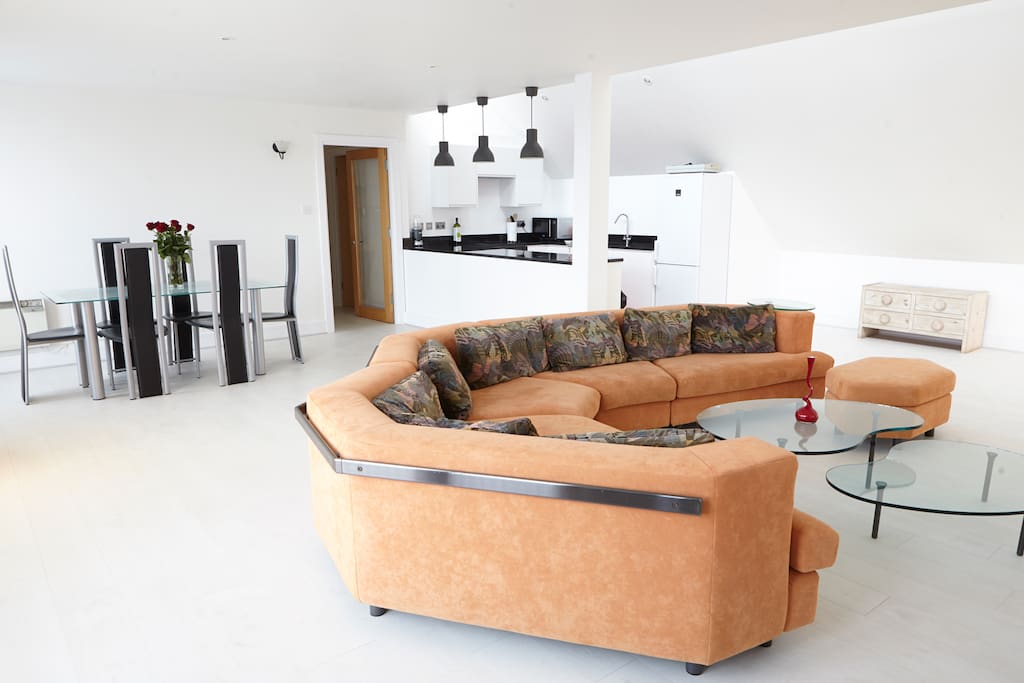 Large kitchen and living area.