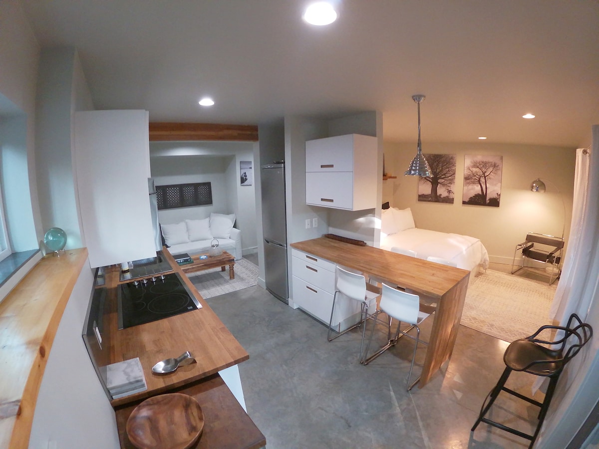 A modern open-concept suite features a well-equipped kitchen with a sleek countertop and dining area. A cozy sitting space is arranged with a sofa, while a queen bed is positioned in the background, complemented by serene wall art. Natural light streams through the windows.