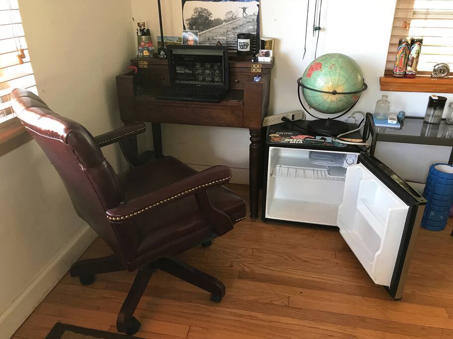 Work Desk With Outlet Strip and Personal Fridge