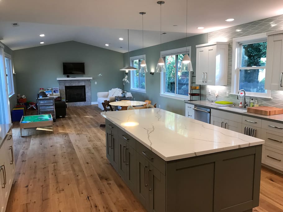 HUGE, open kitchen and family room area great for hanging out. Massive counter space and beautiful, warm lighting.