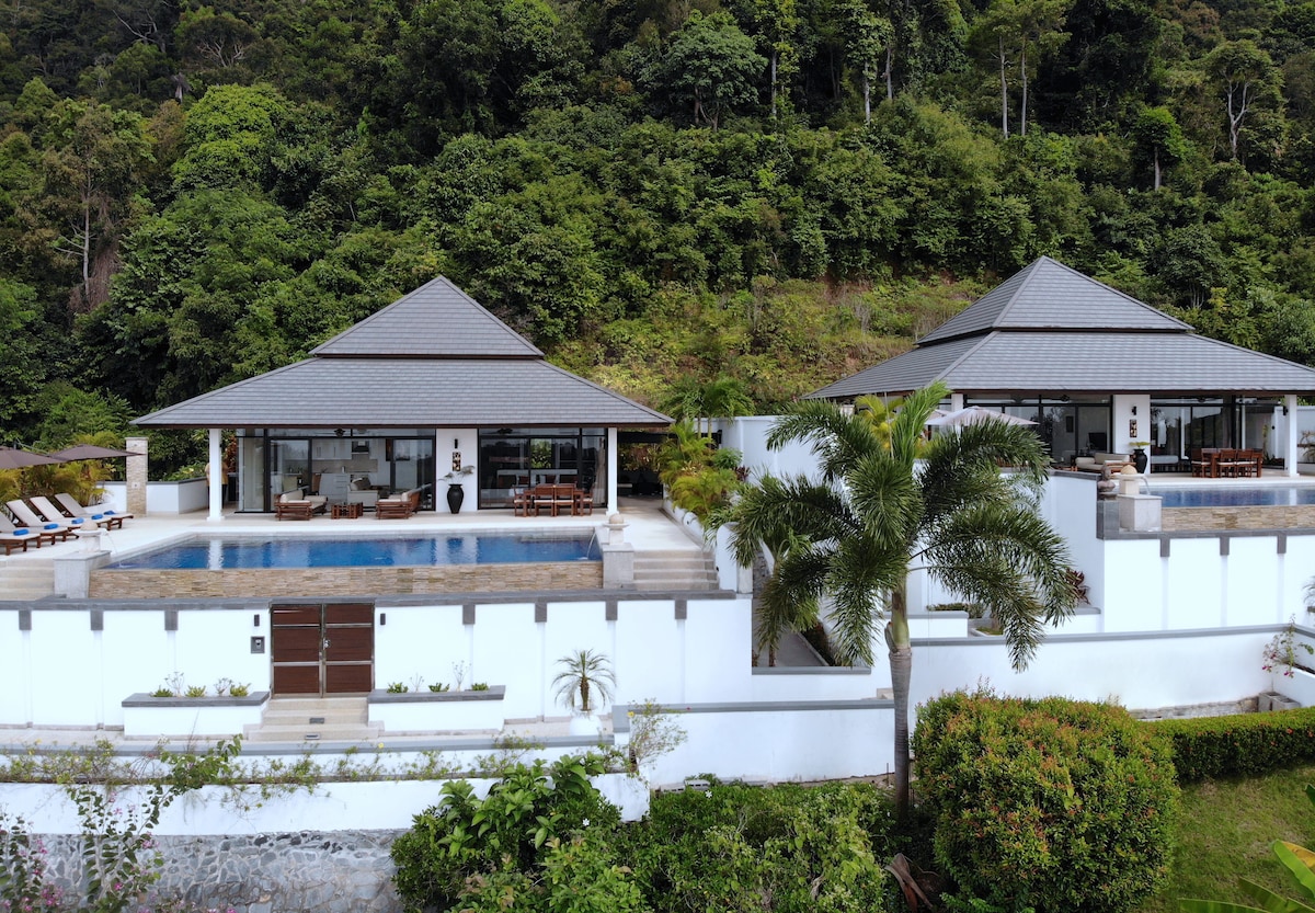 Two luxurious villas with sloped roofs are positioned side by side, surrounded by lush tropical rainforest. Each villa has an expansive private pool and spacious outdoor areas, providing a serene setting with ample sunbeds and comfortable seating for relaxation.