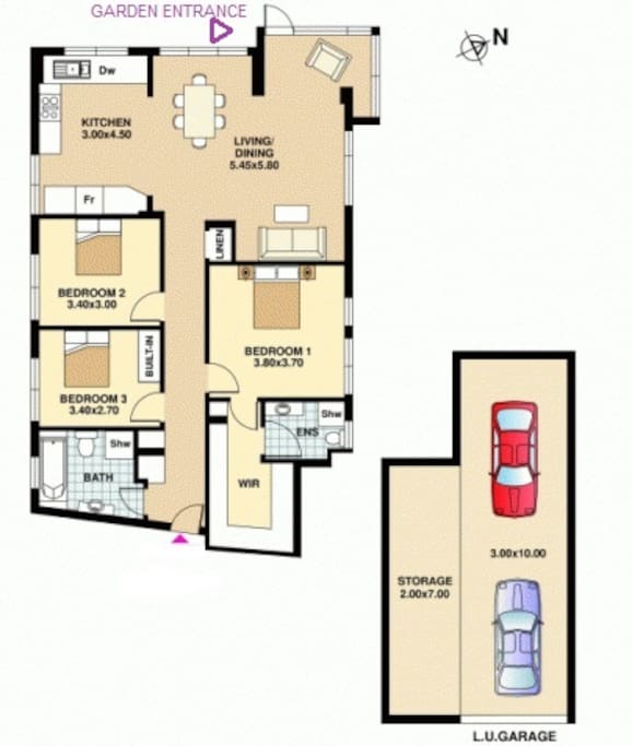3 bedrooms, secure private garage for 2 cars plus "stuff"!