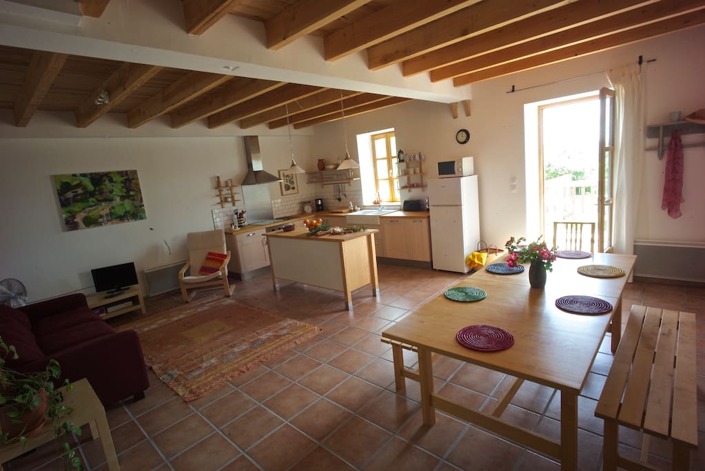 Open plan living area and kitchen.
