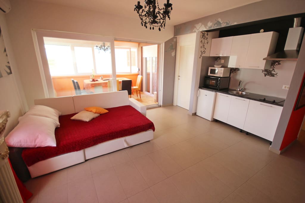 Kitchen, living room and dining room