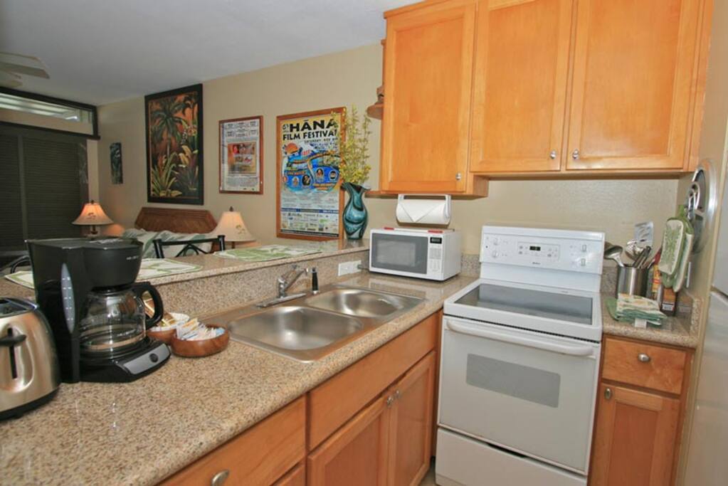 Compact but well stocked kitchen with full apartment size appliances.