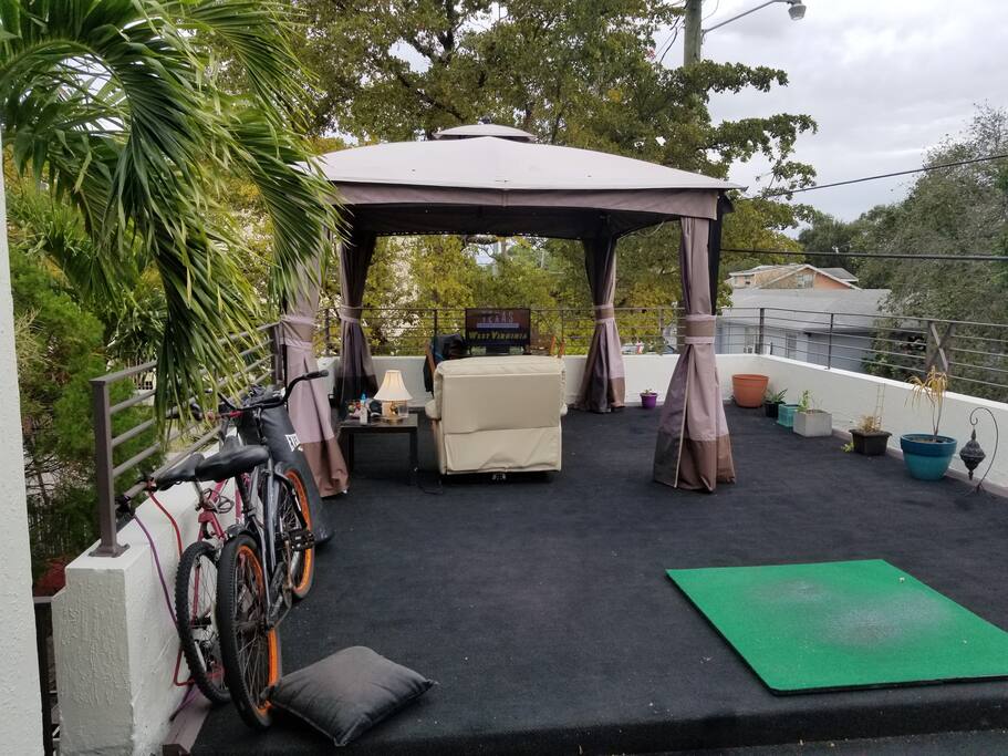 20 x 40 patio with Gazeebo, TV, Electric recliner chair and great Lighting. This is AWSOME, wake up to birds chirping and 76 degrees and blue skies every morning.
