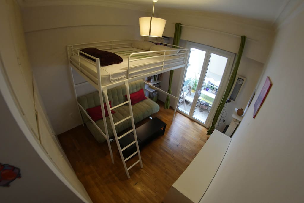 The apartment has one bedroom, with a double bed and a sofa bed. A wardrobe is available.