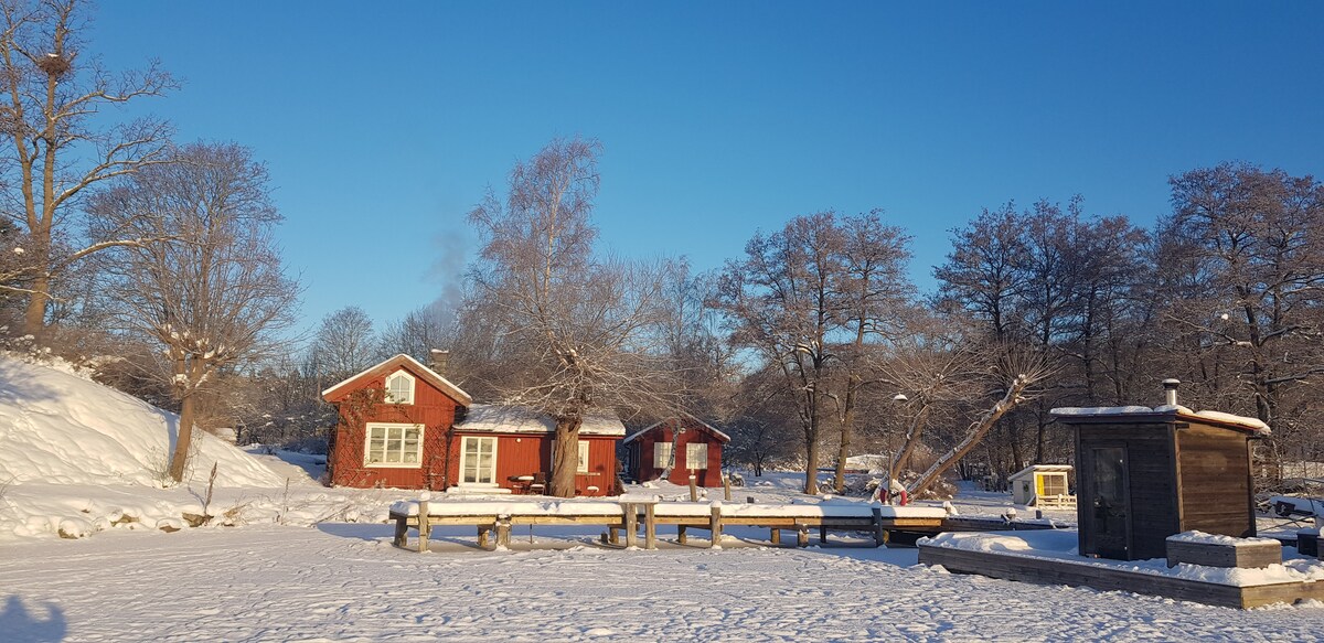 A charming red cabin is set within a snow-covered landscape, surrounded by leafless trees. The scene features a frozen lake, a wooden dock extending into the water, and snow resting on the ground and structures, creating a serene winter atmosphere.