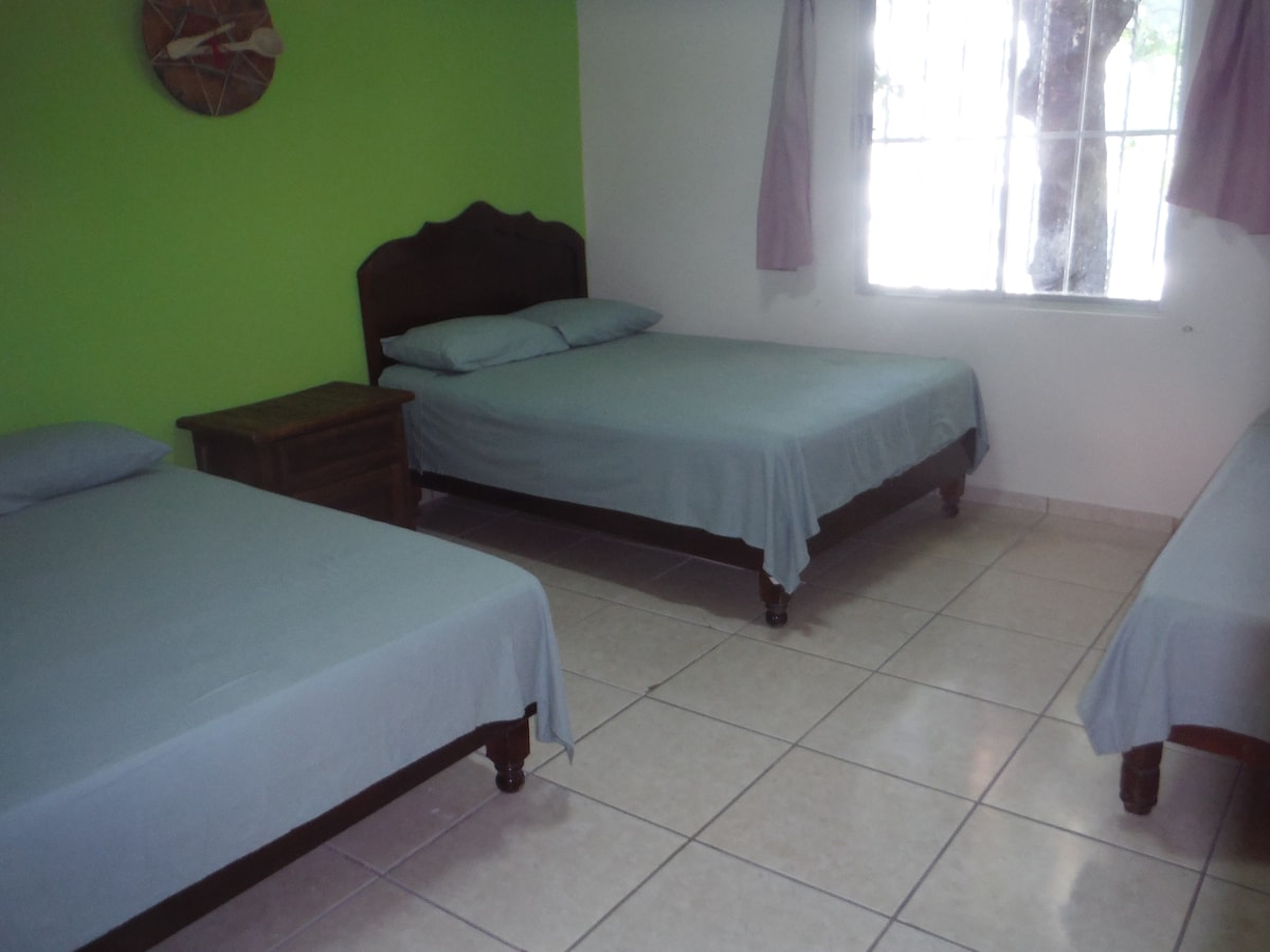 A simple bedroom is presented with three spacious beds covered in light blue linens. A small wooden nightstand is positioned beside one bed. Soft natural light enters through a window that is partially obscured by light curtains, and a wall clock adds a decorative touch.