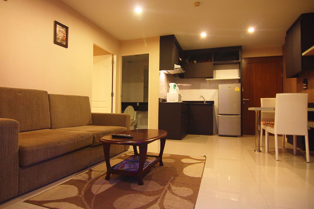 Living room combined with dining and kitchen