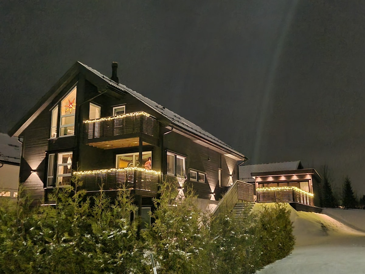A modern two-story house is illuminated by soft outdoor lights, creating a warm ambiance against the dark winter sky. The exterior features a combination of wood and large windows, surrounded by snow and evergreen shrubs.