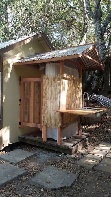 Shower and kitchenette