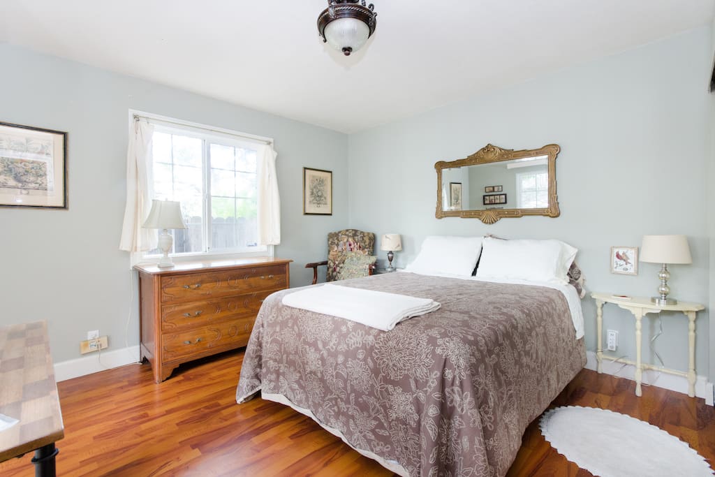 Tranquil bedroom with comfy memory foam topped bed.