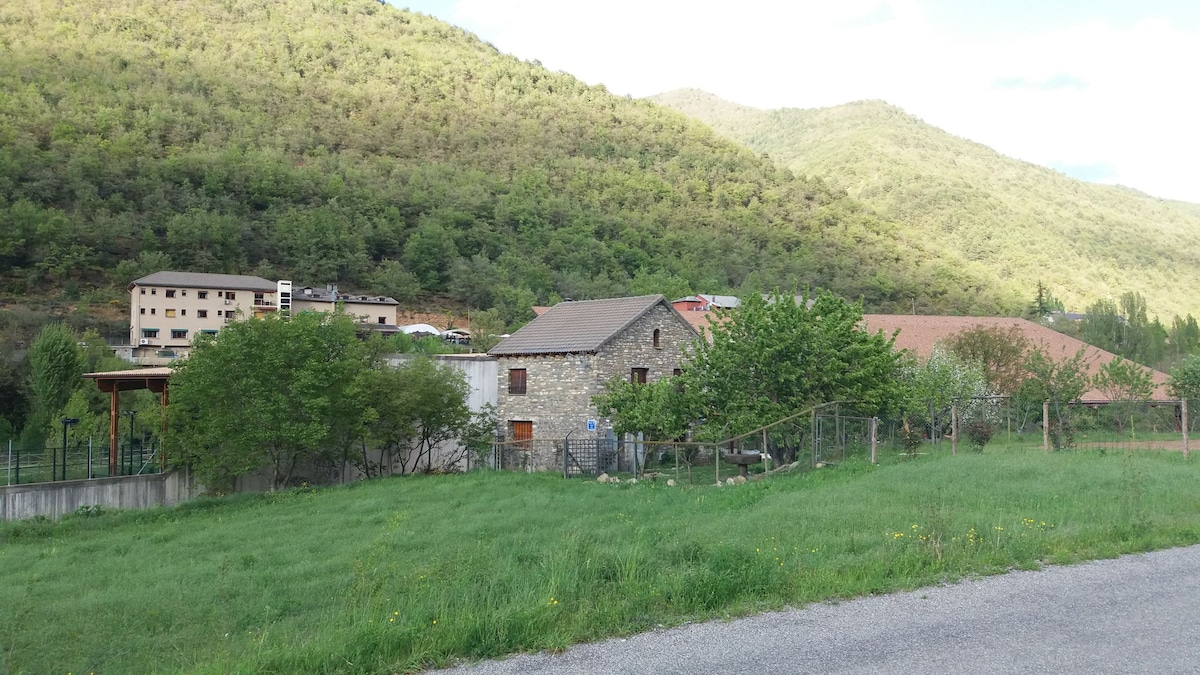 A charming stone house surrounded by lush greenery is depicted against a mountain backdrop. Various trees and low shrubs add to the natural setting, while a paved roadway leads towards the entrance. The peaceful landscape is complemented by nearby structures in the distance.