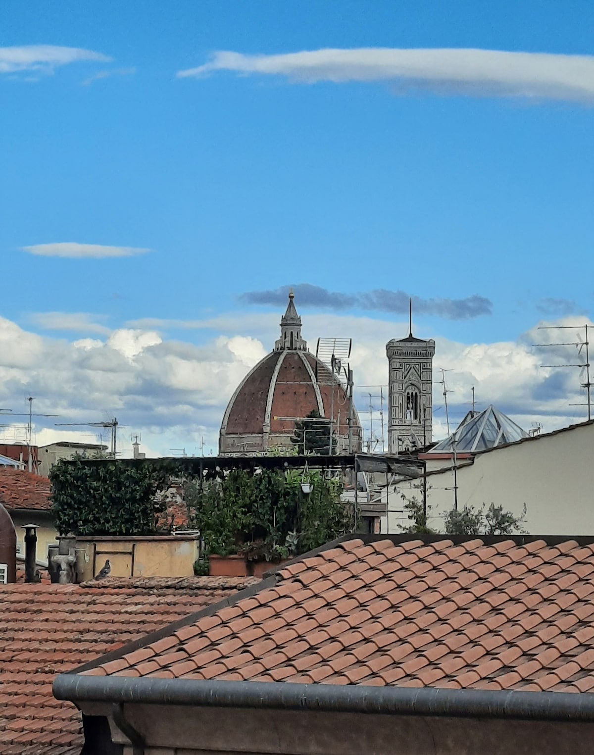 The image captures a panoramic view of Florence, showcasing the iconic Brunelleschi's Cupola and Giotto’s Bell Tower. Terracotta rooftops and distant clouds enhance the scene, offering a glimpse of the architectural beauty against a clear blue sky.
