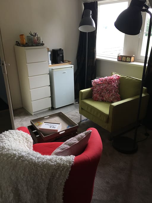 Two comfortable chairs with fridge, Senseo coffee machine, water boiler AND beautiful views.