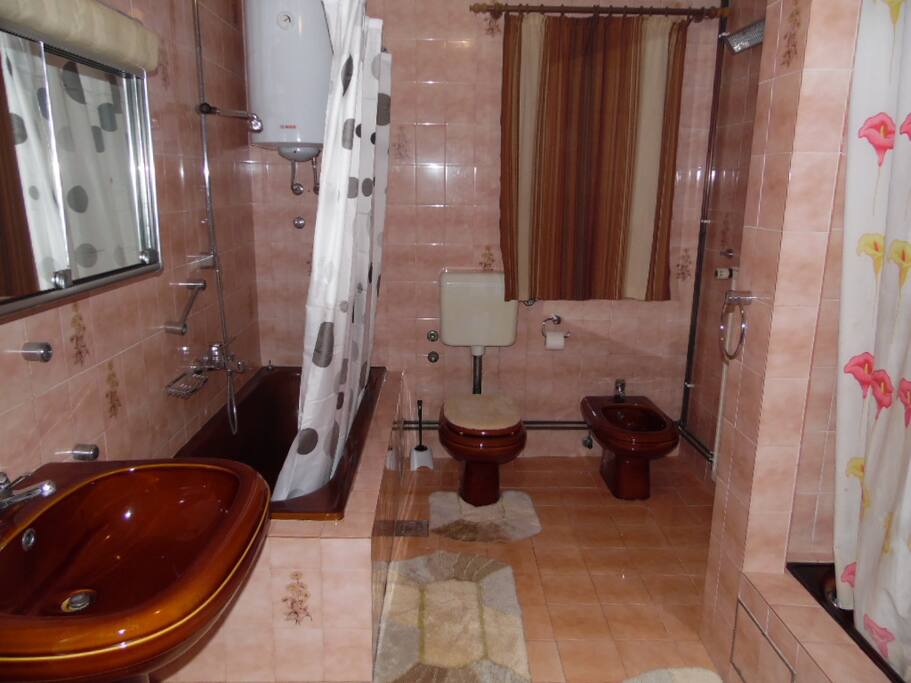 spacious bathroom with bathtub and shower