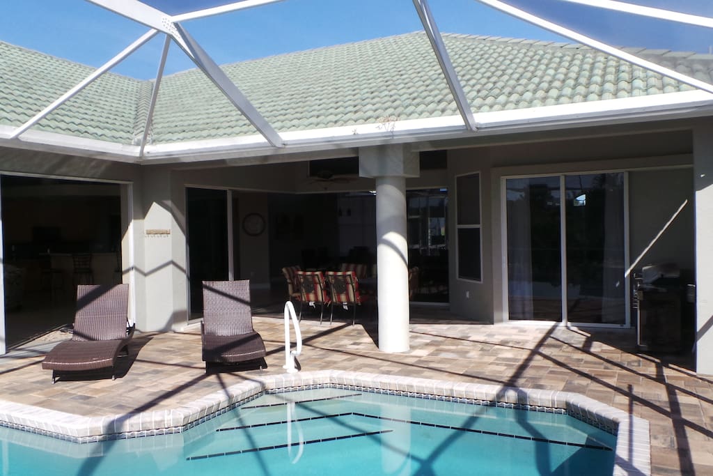 Pool with waterfall is 4" to 6' deep