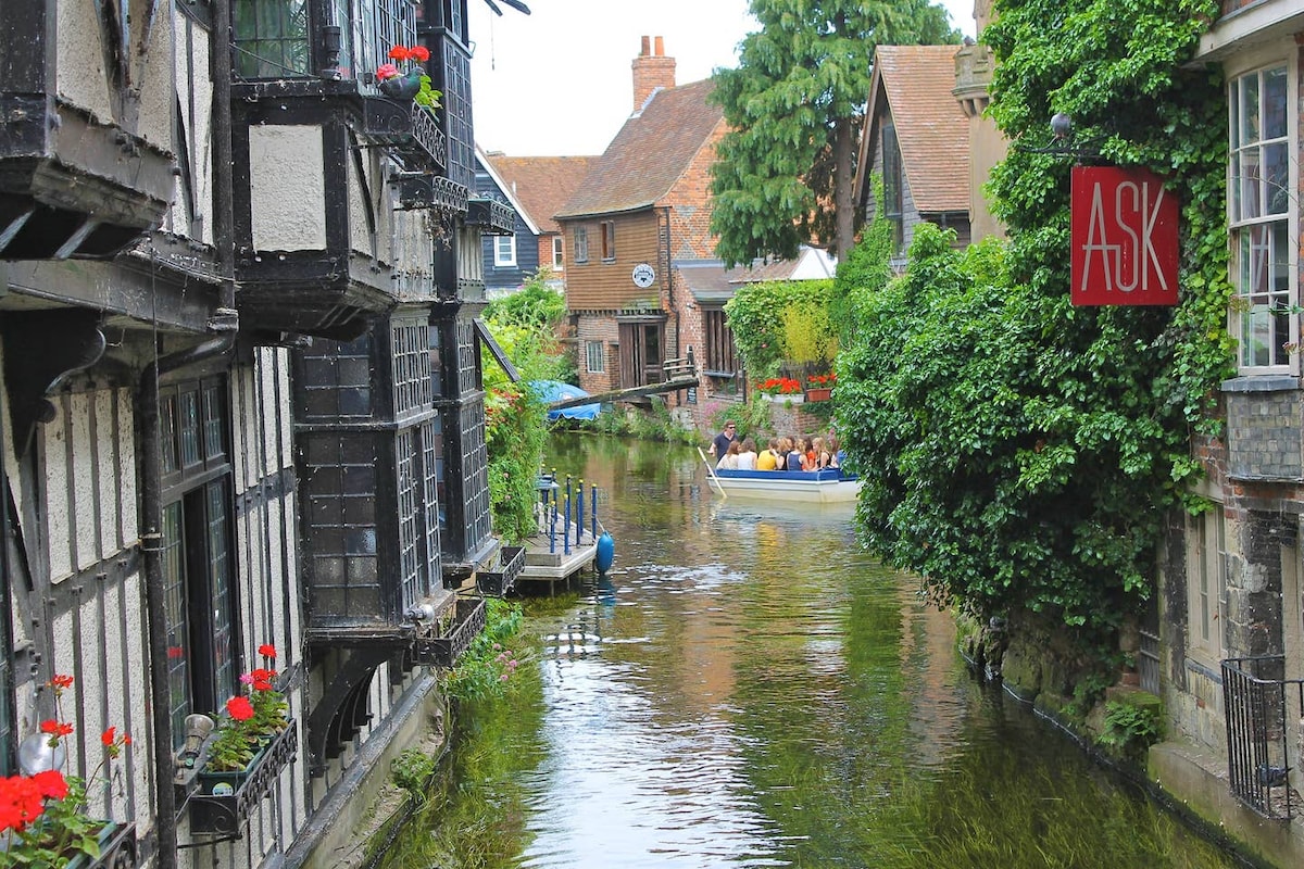 A tranquil canal scene is framed by historic timber-framed buildings. Vibrant red flowers are visible along the edges, while a small boat with people glides through the water. Lush greenery borders the canal, enhancing the serene atmosphere of this charming area.