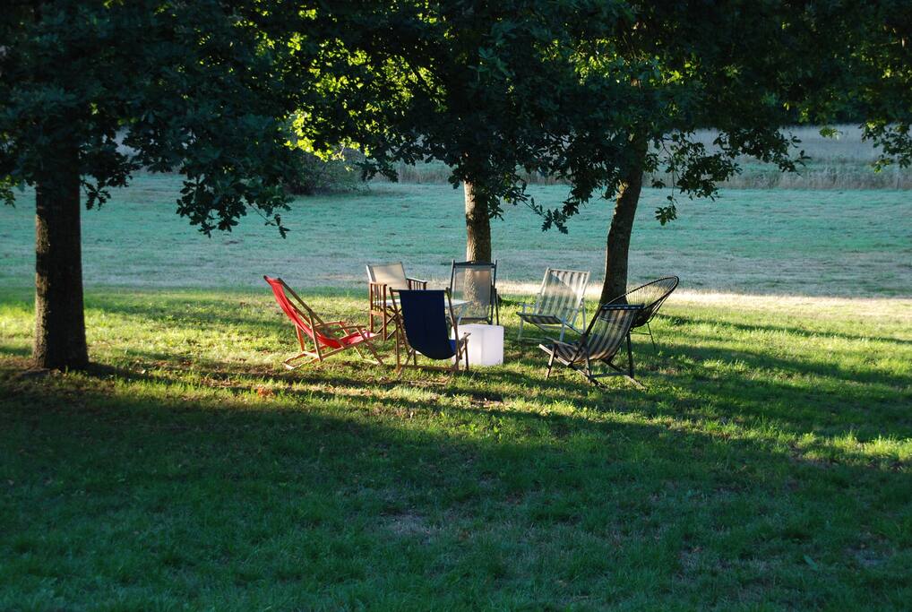 Grand jardin pour diverses activités... détente à l'ombre des chênes ou partie de foot ! (ne voyez pas d'étang sur cette photo, pas de pièce d'eau dans le jardin !!)