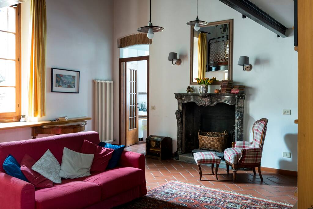 Sofa and fireplace