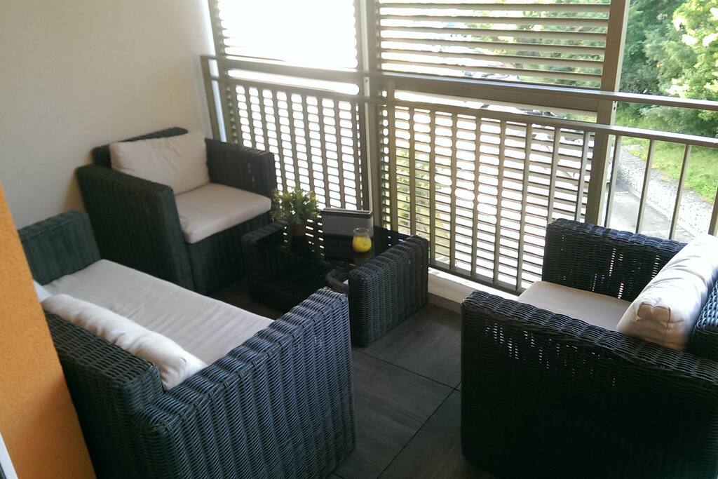 belle terrasse, avec rideaux coulissants, ensoleillée jusqu'a 16H30 environ