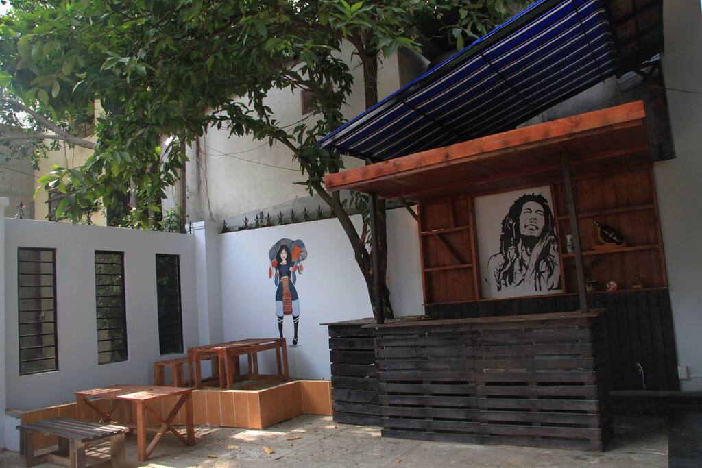 A small chilling bar under a plum-tree, meet other guests and sometimes a few locals, share a drink or party.