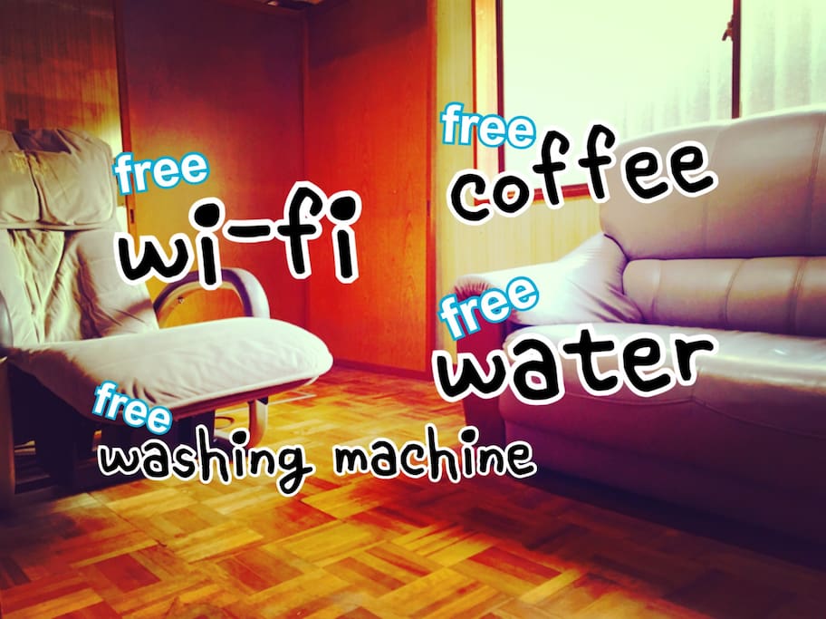 Common room. Basic amenities of this house: hair-dryer, dish, mug, sofa, riding machine, microwave, kettle, toilet, shower(all share)
