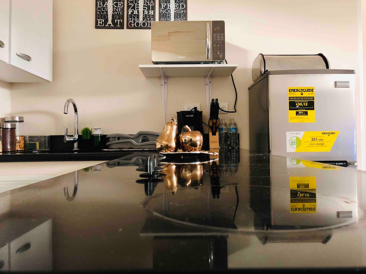 A clean and modern kitchen features a sleek black countertop reflecting a microwave and an energy-efficient mini refrigerator. A small decorative arrangement sits on the countertop, with a sink and various kitchen essentials visible in the background, all enhancing the functional space.