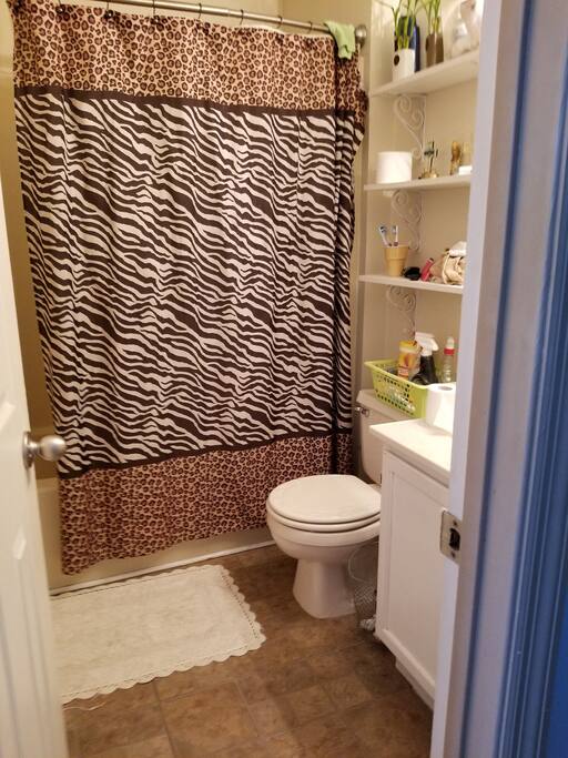 Upstairs bathroom. Shower on wand. Great for tall people. Shared with others.