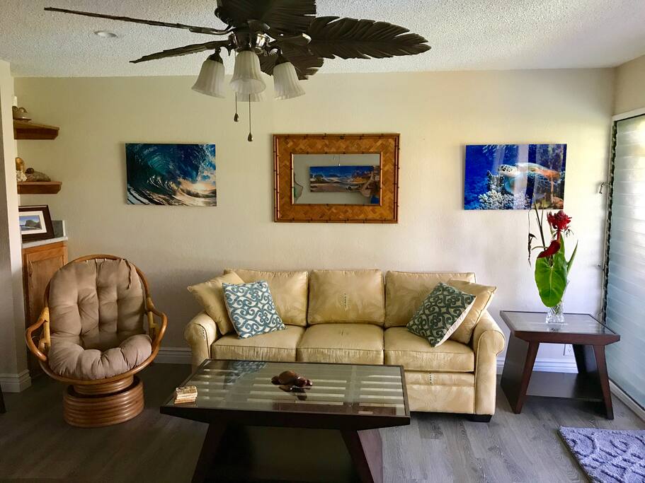 Living area, showing couch that has pull-out bed