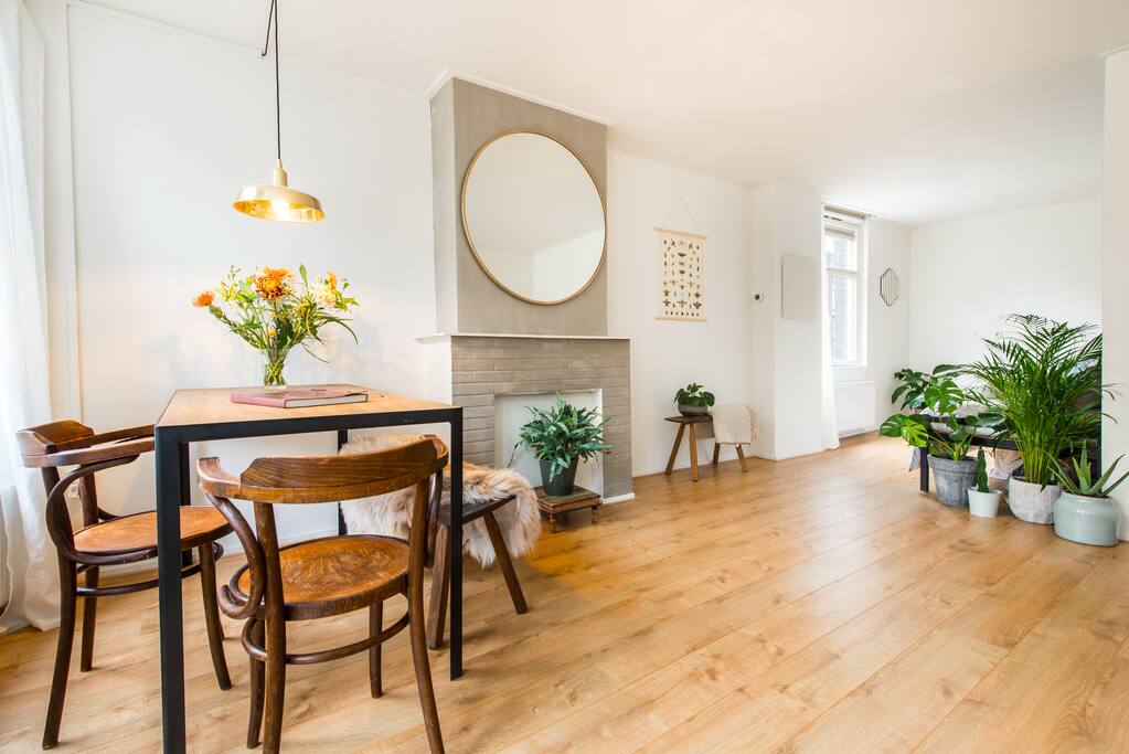 Cozy dining area. The house is decorated with lots of plants to clean the air.
