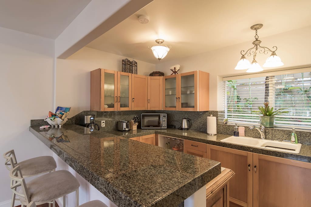 A well-equipped kitchen. Not a small Kitchenette but big fridge and nice clean appliances with granite countertop