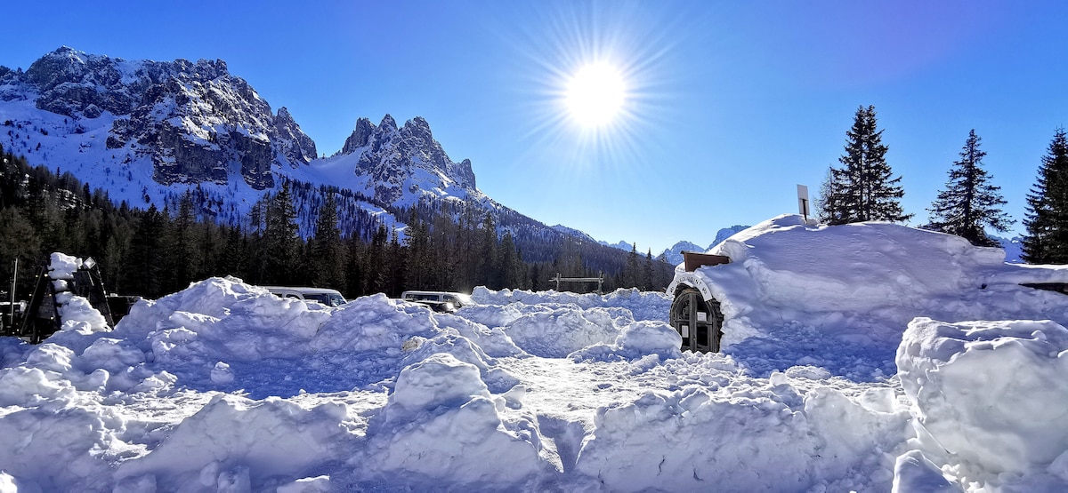A snow-covered landscape showcases majestic mountains in the background under a clear blue sky. The bright sun illuminates the scene, highlighting the pristine snow and evergreen trees, creating a serene winter atmosphere.