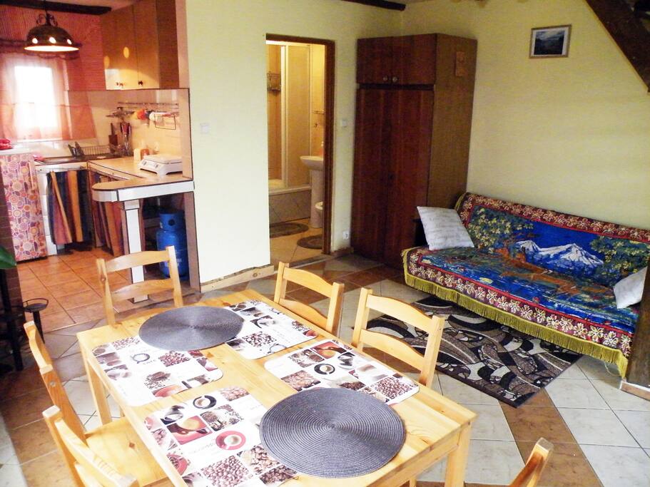 Pokój dzienny z dwuosobową kanapą, kuchnia i łazienka