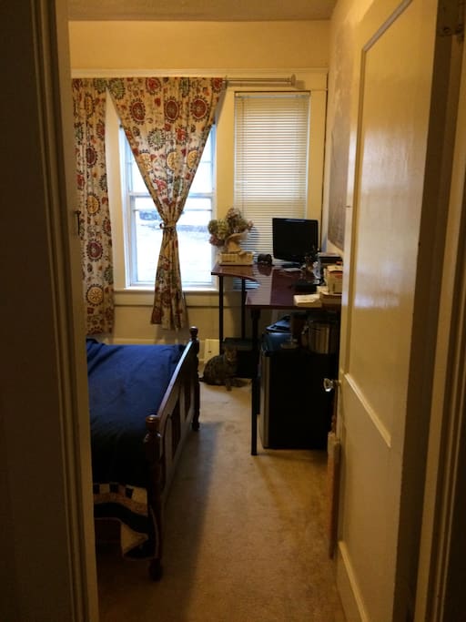 View from door in small hall with doors to bathroom and both other bedrooms.