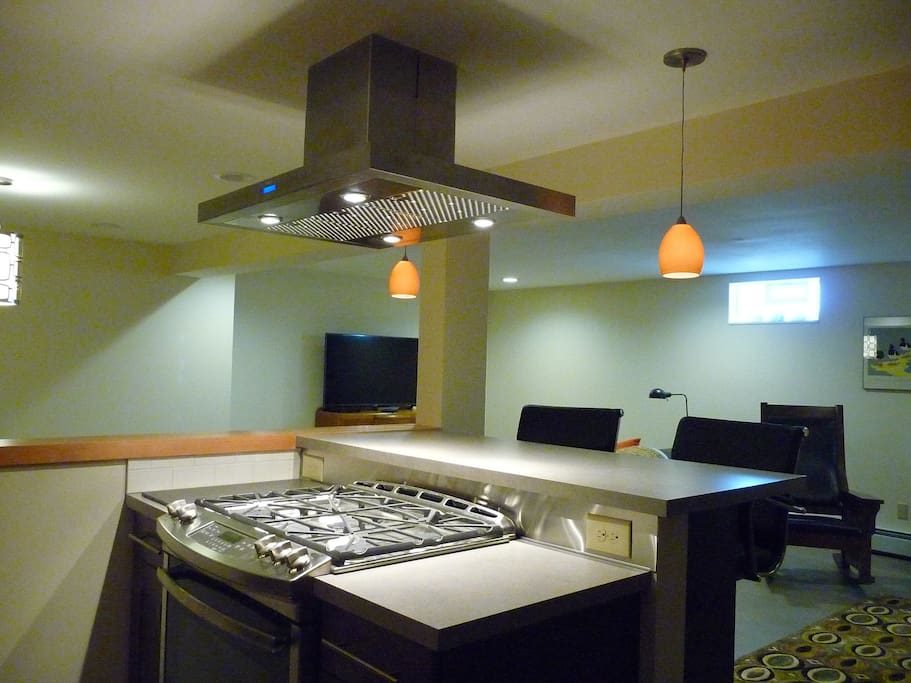 Stove, breakfast bar, and living area.